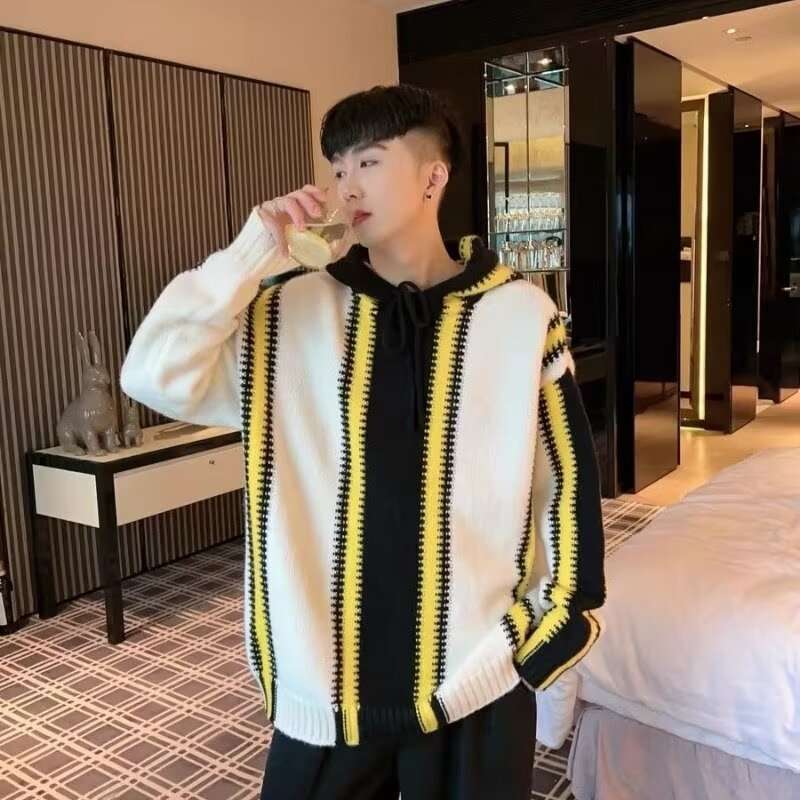 ストリートファッション ジオメトリックパターンフーディーニット