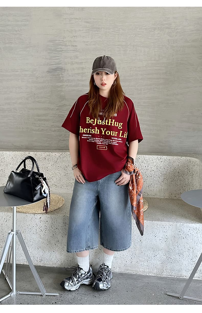 ストリートファッション ゆったりワイドデニムハーフパンツ