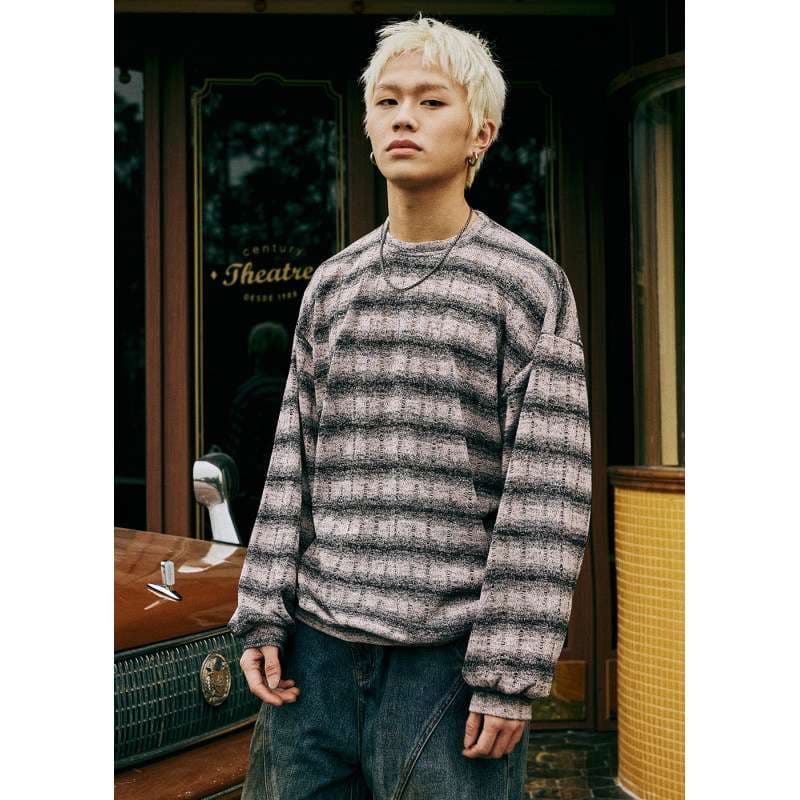 ストリートファッション ボーダー柄オーバーサイズニットセーター
