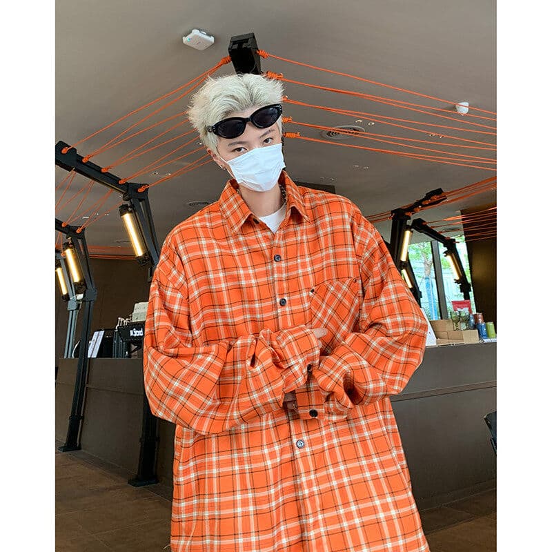 ストリートファッション ゆったりシルエットチェック柄シャツ