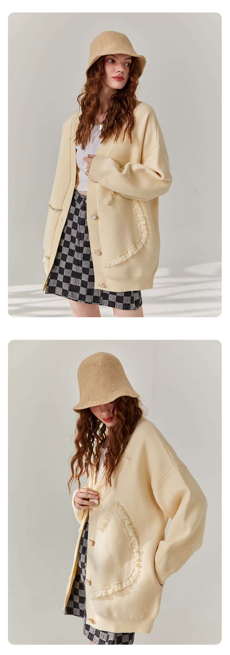 ストリートファッション フリルポケット付きオーバーサイズカーディガン