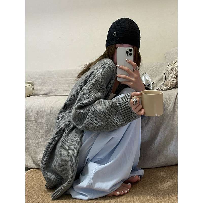 ストリートファッション オーバーサイズリブ編みカーディガン