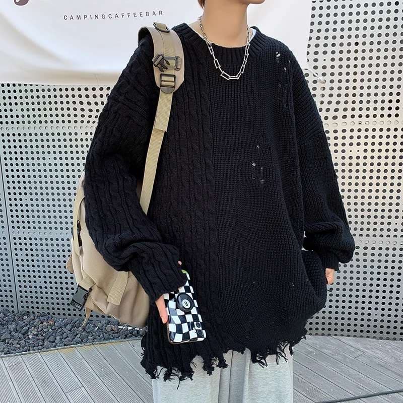 ストリートファッション ダメージ加工オーバーサイズニット