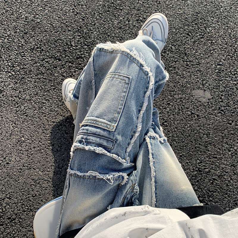 ストリートファッション ダメージ加工ルーズフィットデニム