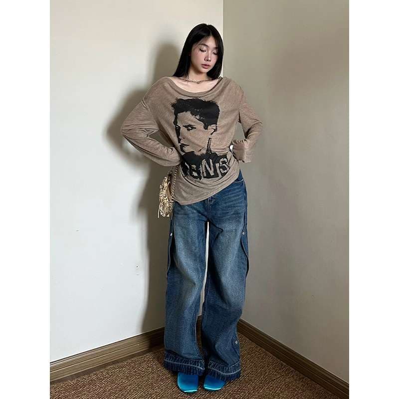 ストリートファッション プリント入りオーバーサイズニット