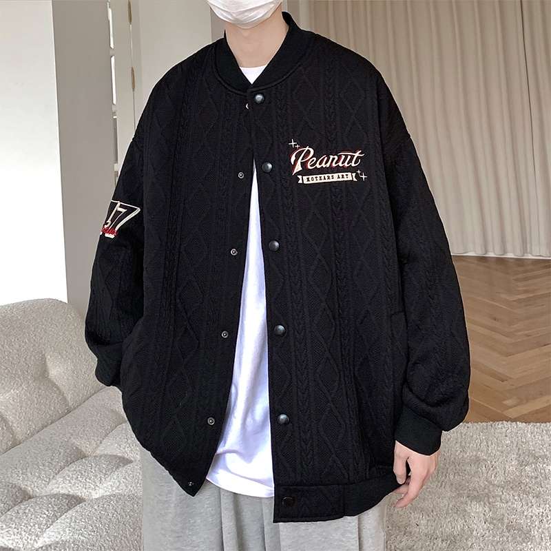 ストリートファッション 刺繍入りケーブル編みニットジャケット