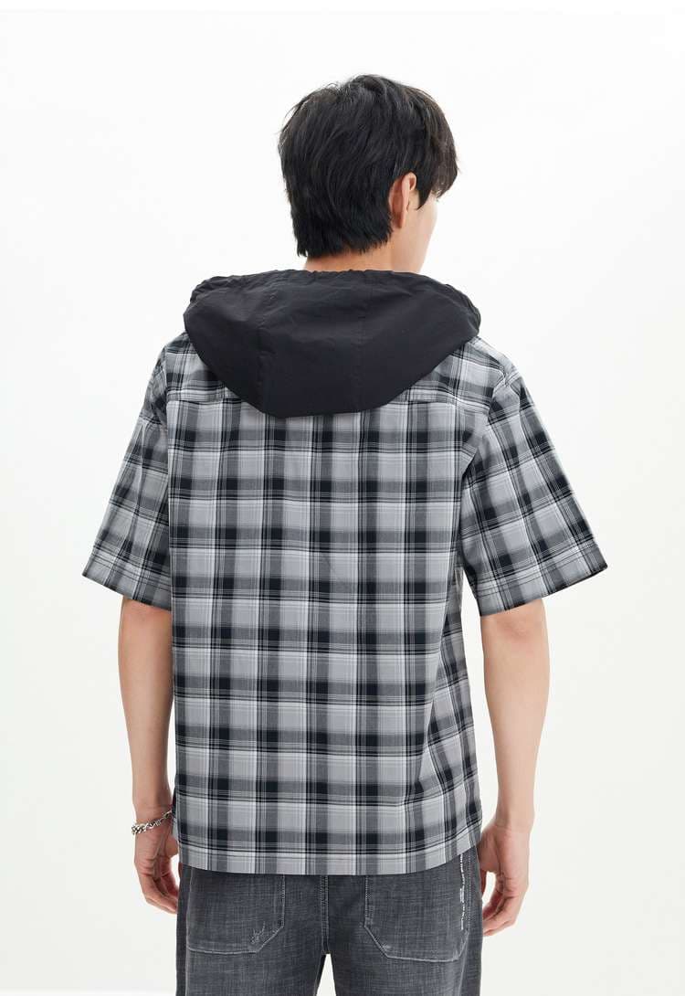 ストリートファッション フード付きチェック柄半袖シャツ