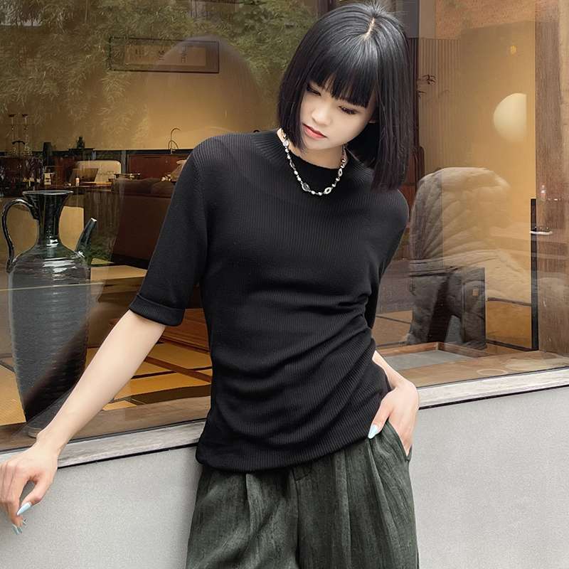 ストリートファッション リブ編みフィットハーフスリーブニット
