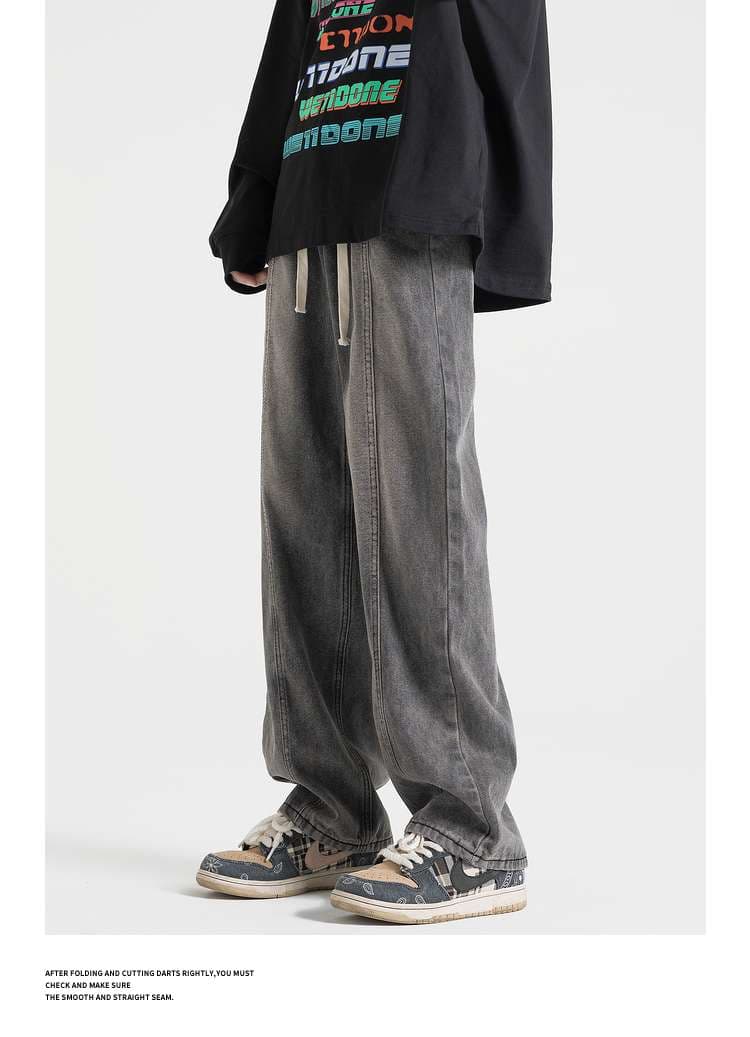 ストリートファッション ゆったりストレートデニムパンツ