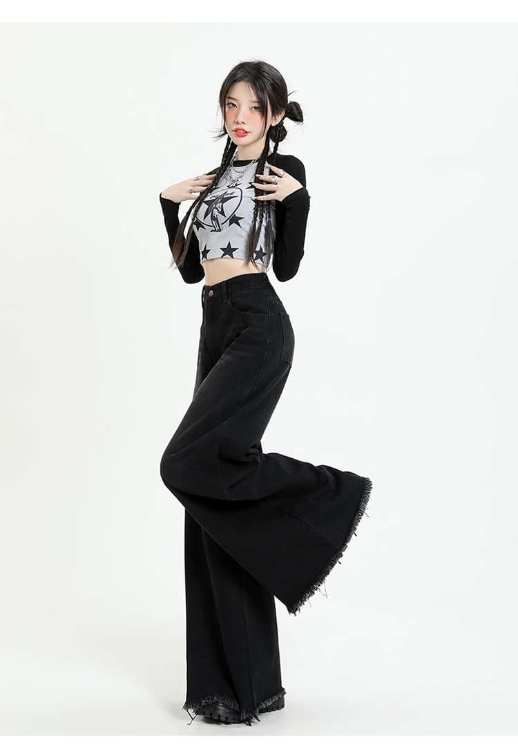 ストリートファッション 裾フリンジワイドデニムパンツ