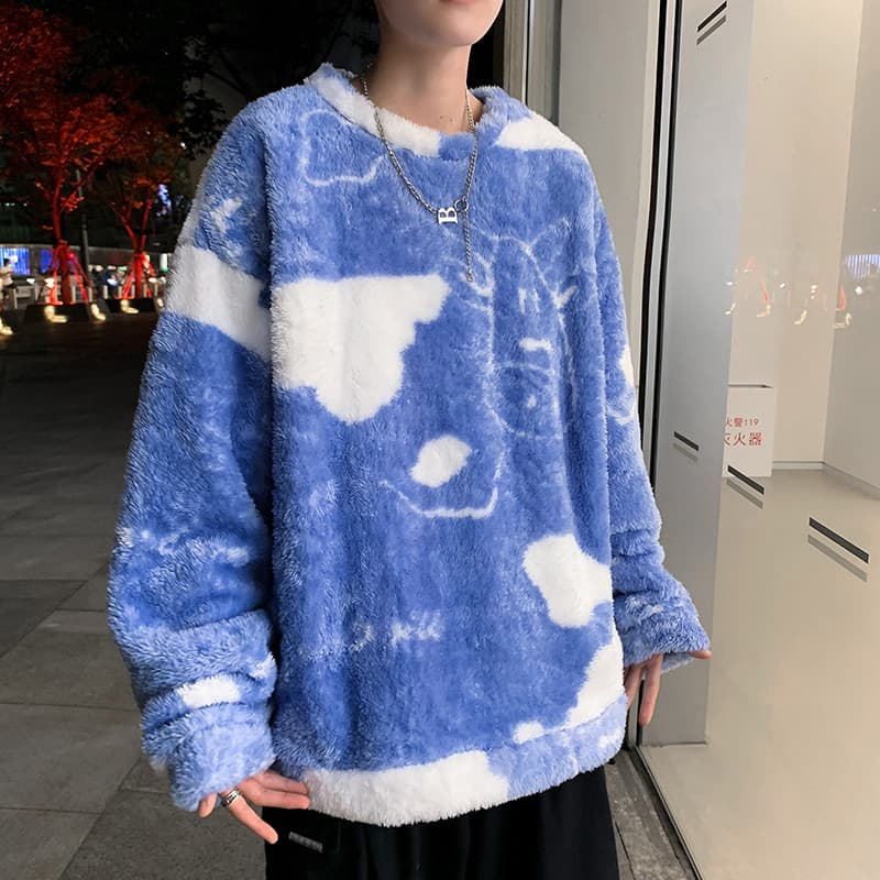 ストリートファッション モコモコ抽象柄ボアニット