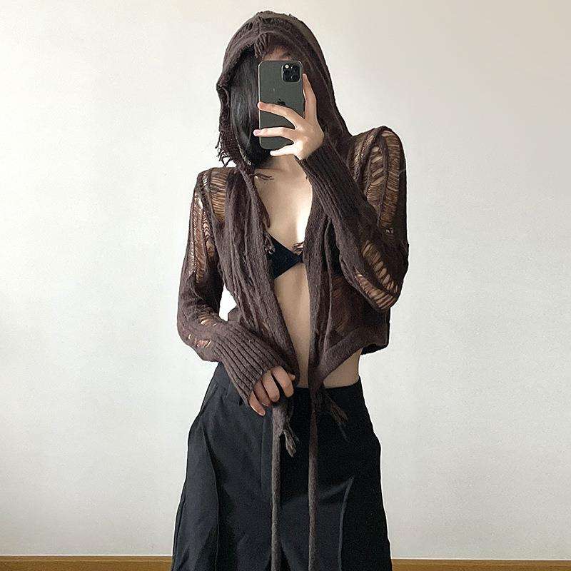 ストリートファッション シースルーニットロングカーディガン