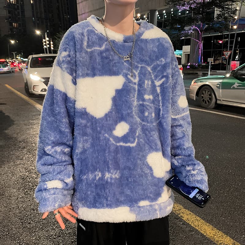 ストリートファッション モコモコ抽象柄ボアニット