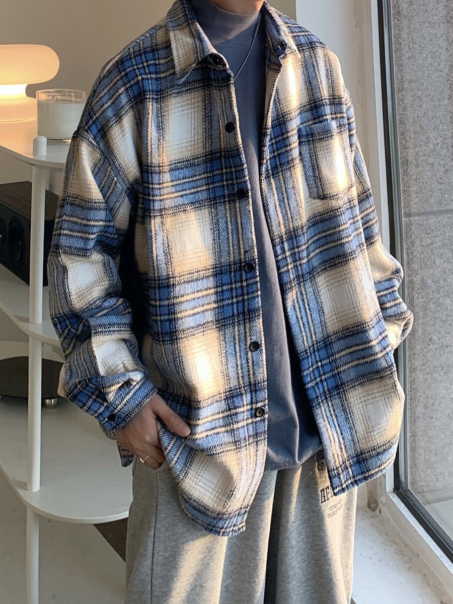 ストリートファッション ゆったりチェックシャツジャケット