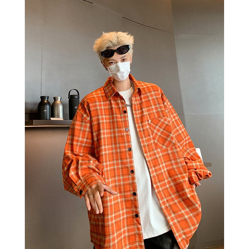 ストリートファッション ゆったりシルエットチェック柄シャツ