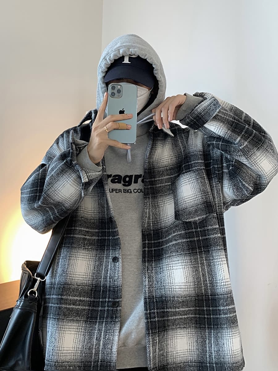 ストリートファッション ゆったりチェックシャツジャケット