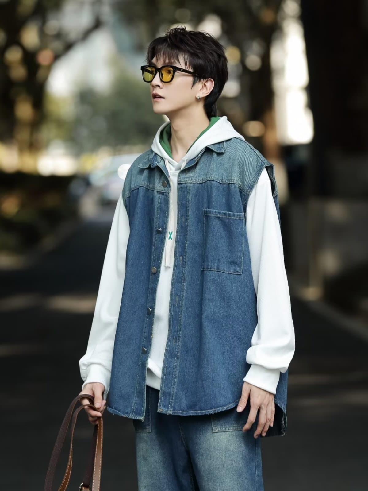 ストリートファッション ストリートファッション デニムシャツベスト 白袖切り替え
