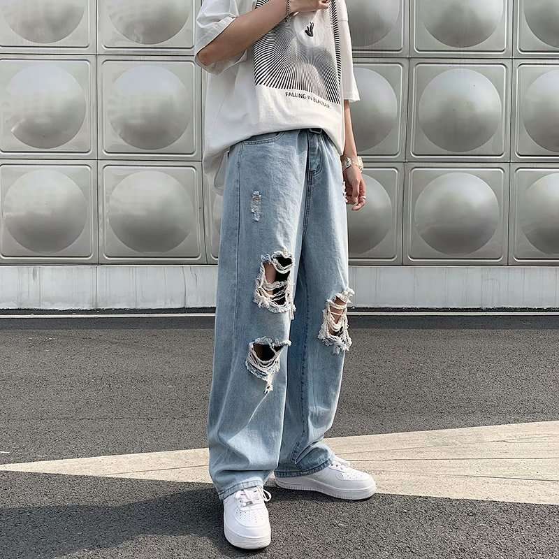 ストリートファッション ダメージ加工オーバーサイズデニムパンツ