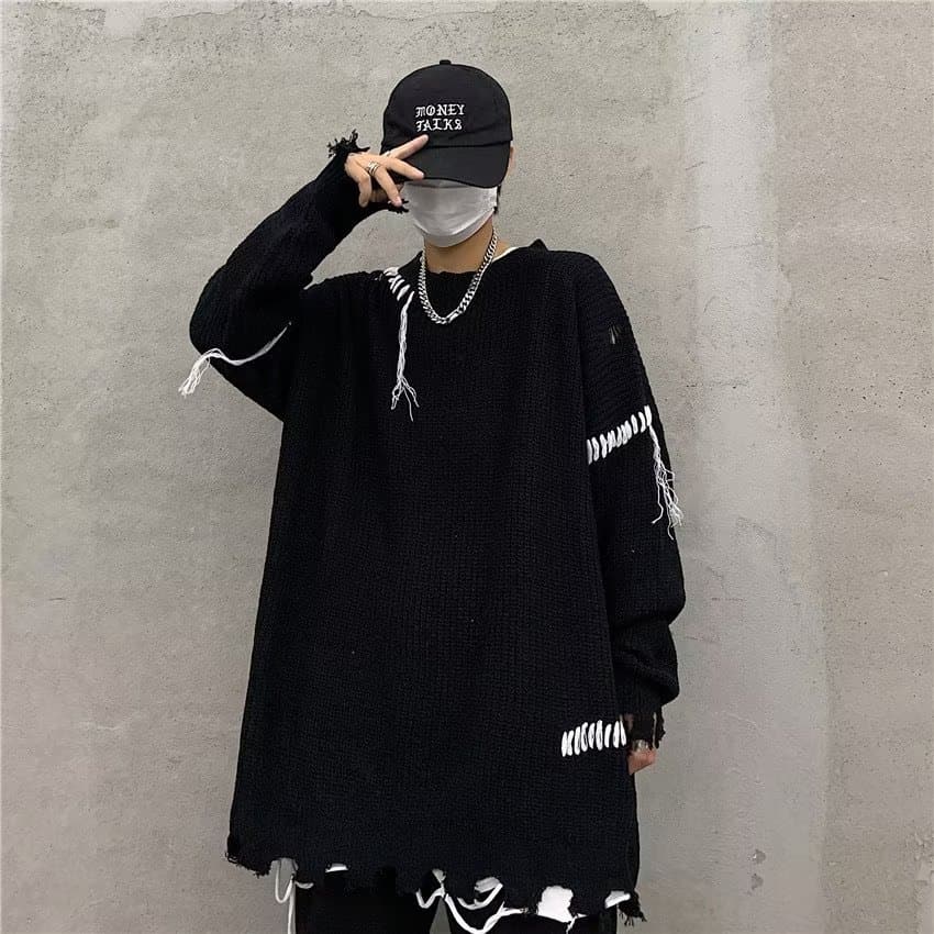 ストリートファッション ステッチデザイン裾ダメージニット