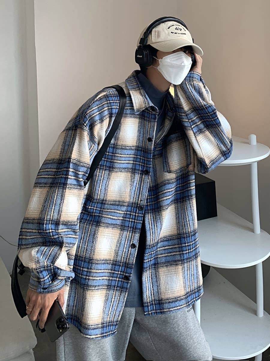 ストリートファッション ゆったりチェックシャツジャケット