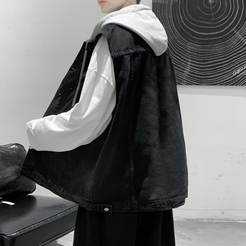 ストリートファッション ストリートファッション 重ね着風フード付きデニムベスト