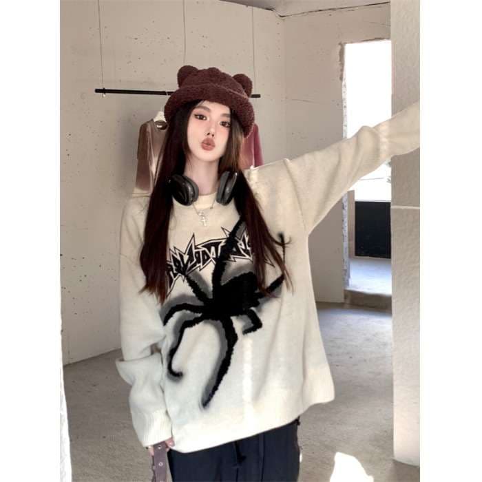 ストリートファッション 
 クモ柄オーバーサイズニットセーター