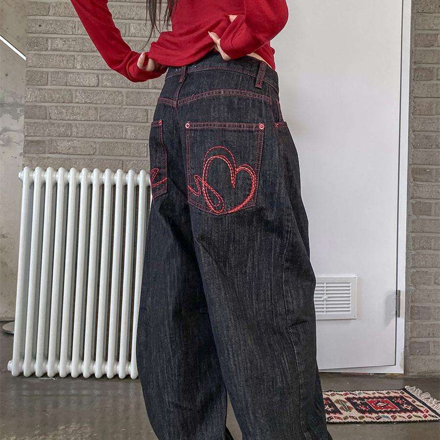 ストリートファッション ハートステッチ入りワイドデニムパンツ