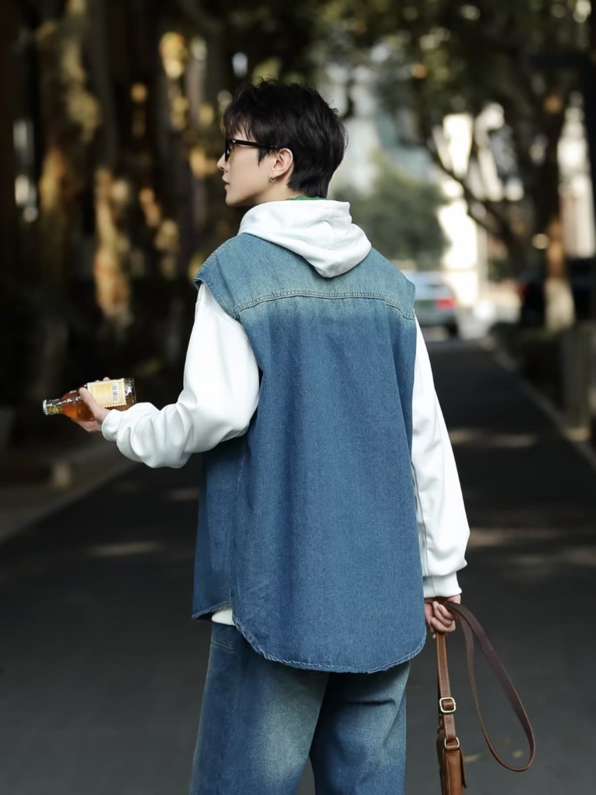 ストリートファッション ストリートファッション デニムシャツベスト 白袖切り替え