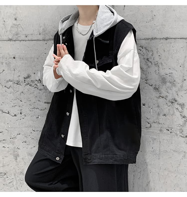 ストリートファッション ストリートファッション 重ね着風フード付きデニムベスト
