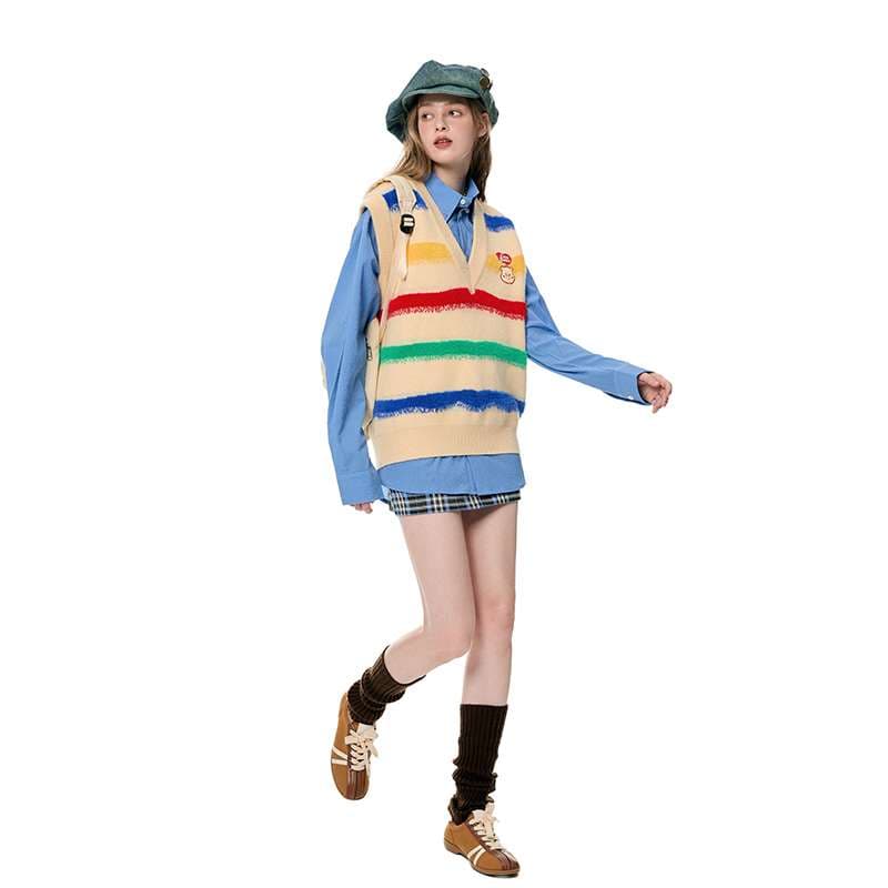 ストリートファッション レトロポップ ストライプ柄ベスト