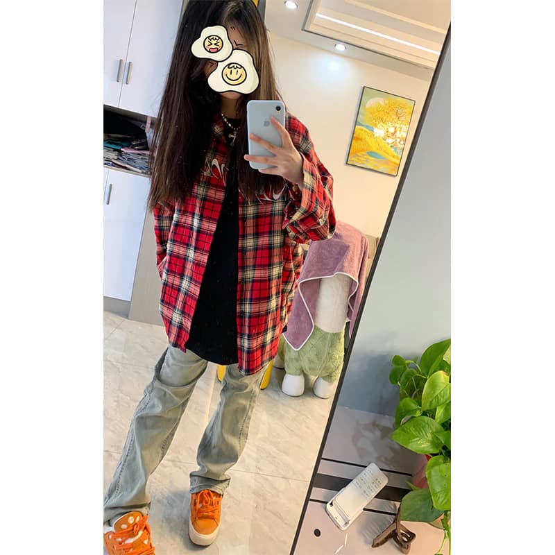 ストリートファッション ゆったりオーバーサイズチェックシャツ