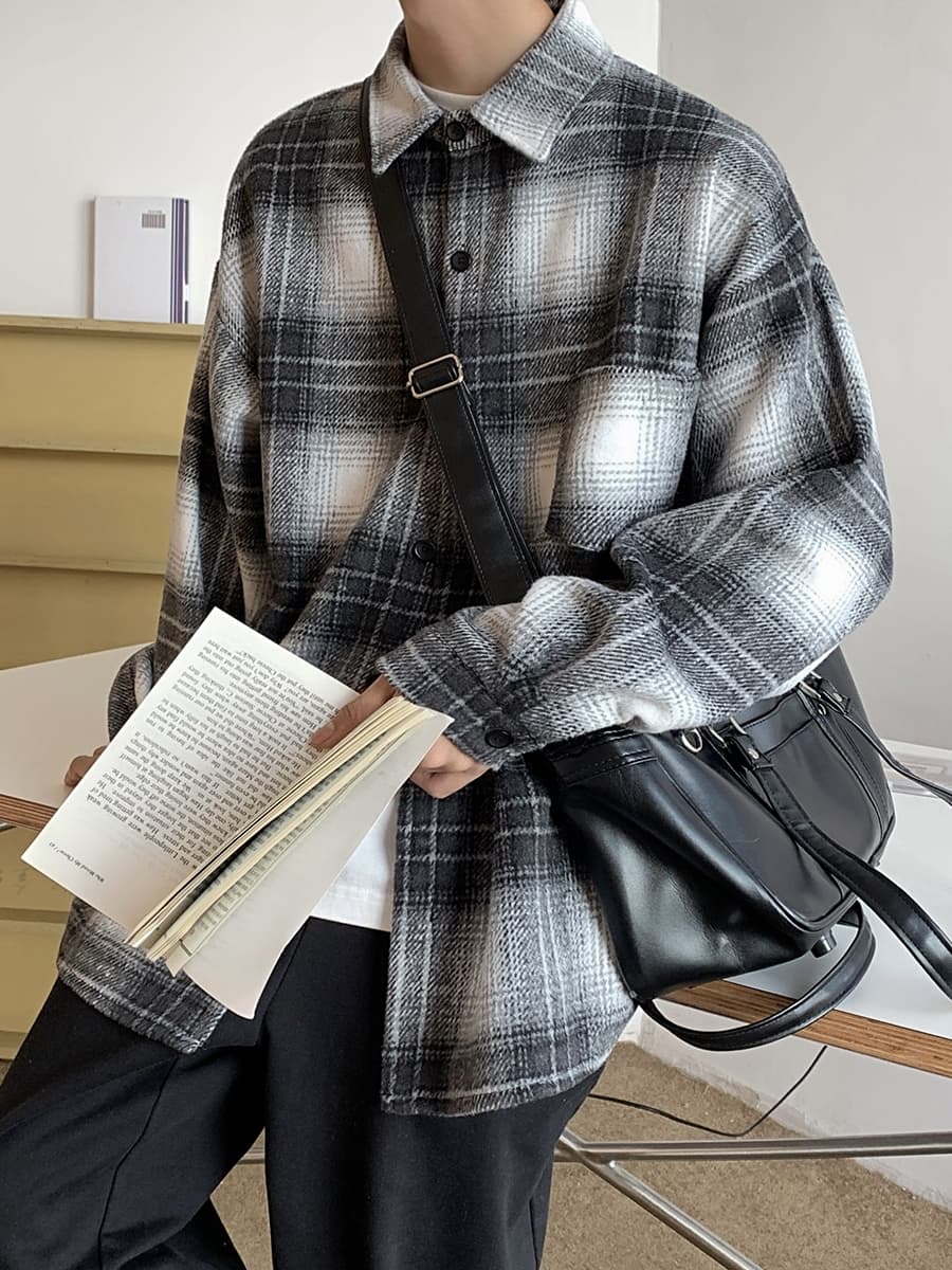 ストリートファッション ゆったりチェックシャツジャケット