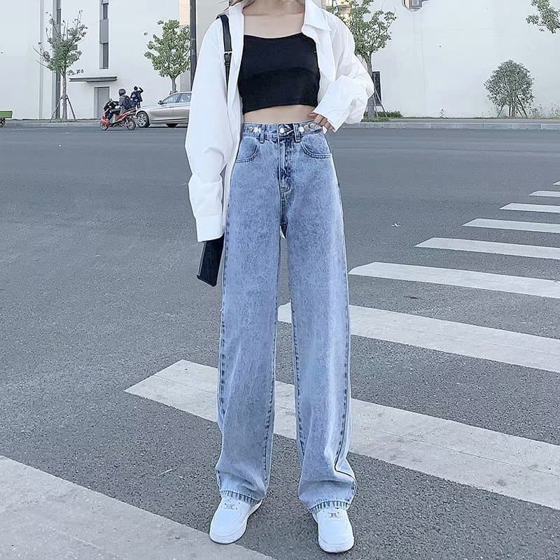 ストリートファッション ワイドレッグストレートハイウエストデニムパンツ