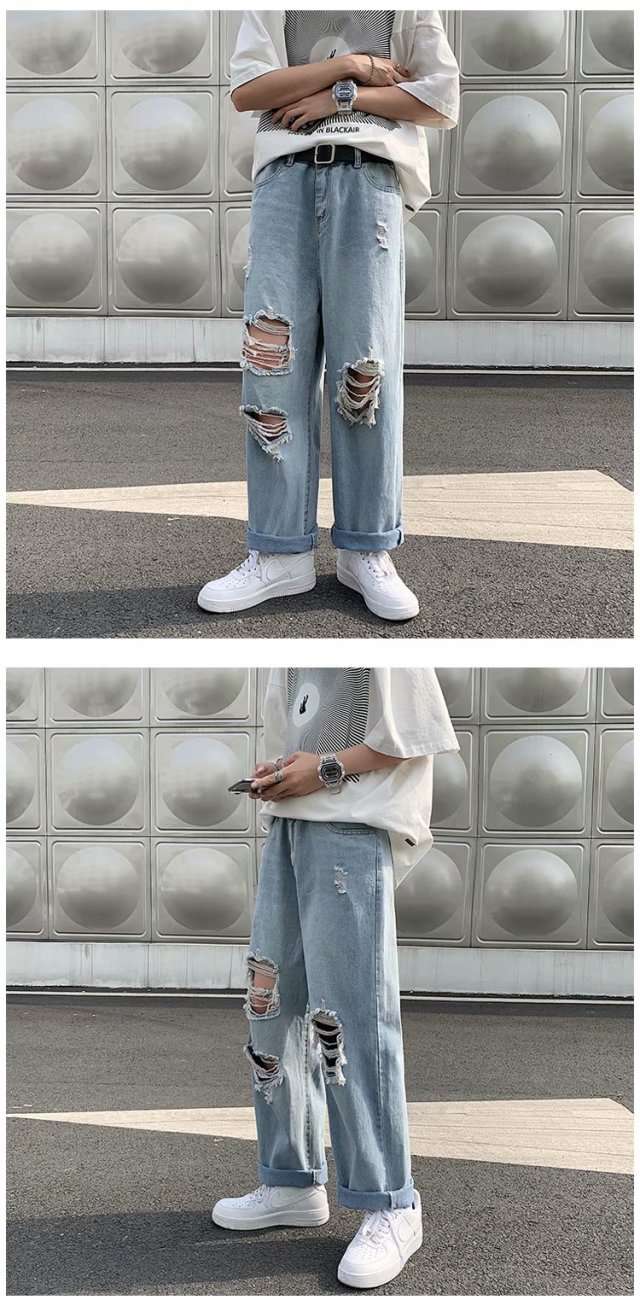 ストリートファッション ダメージ加工オーバーサイズデニムパンツ