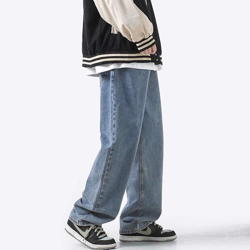 ストリートファッション ゆったりストレートデニムパンツ