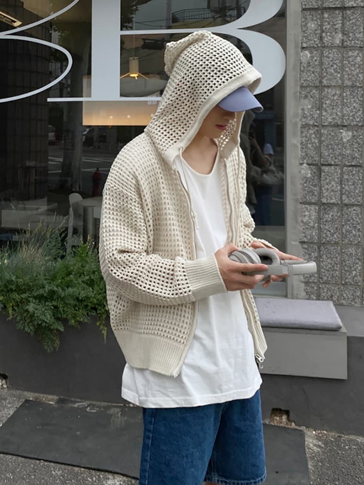 ストリートファッション ストリートファッション 透かし編みデザインゆったりカーディガン