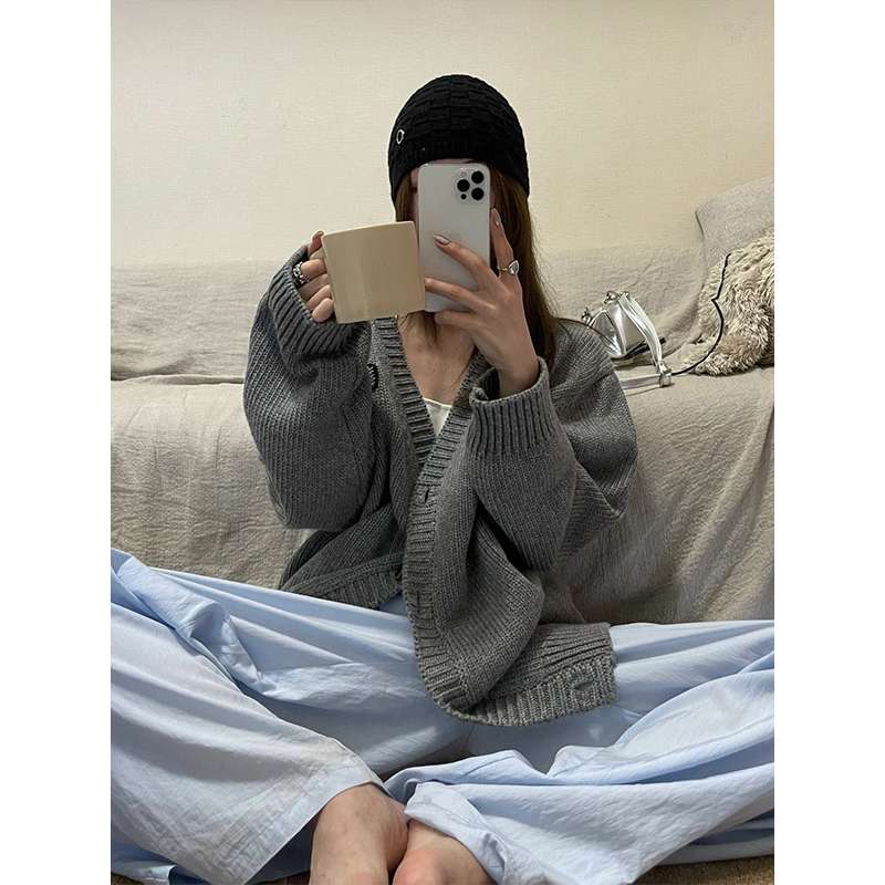 ストリートファッション オーバーサイズリブ編みカーディガン