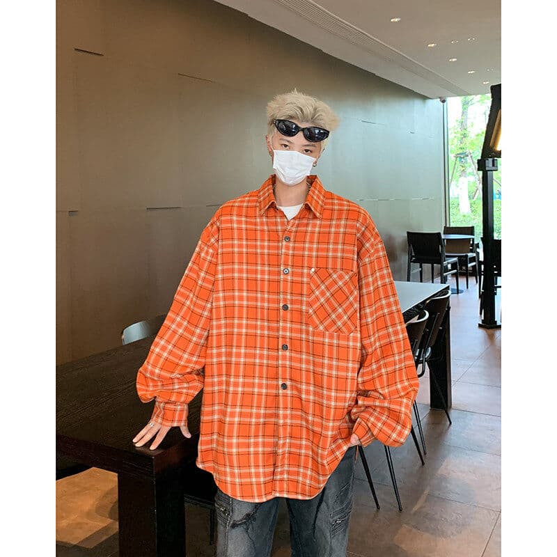 ストリートファッション ゆったりシルエットチェック柄シャツ