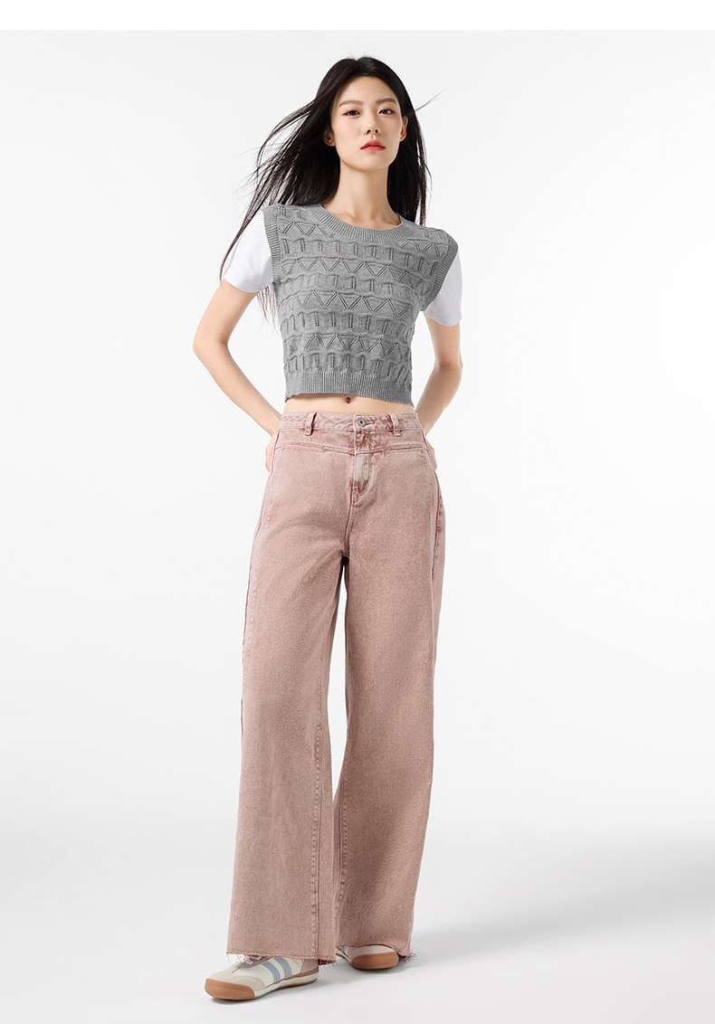 ストリートファッション ゆったりワイドレッグデニムパンツ