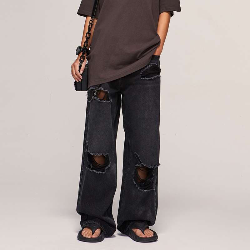 ストリートファッション ダメージ加工ワイドデニムパンツ
