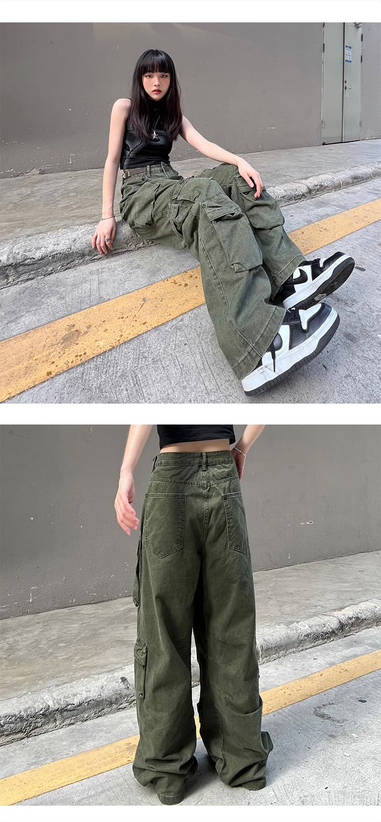 ストリートファッション 多機能ポケット付きワイドカーゴパンツ