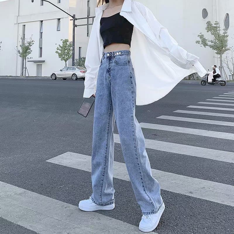ストリートファッション ワイドレッグストレートハイウエストデニムパンツ
