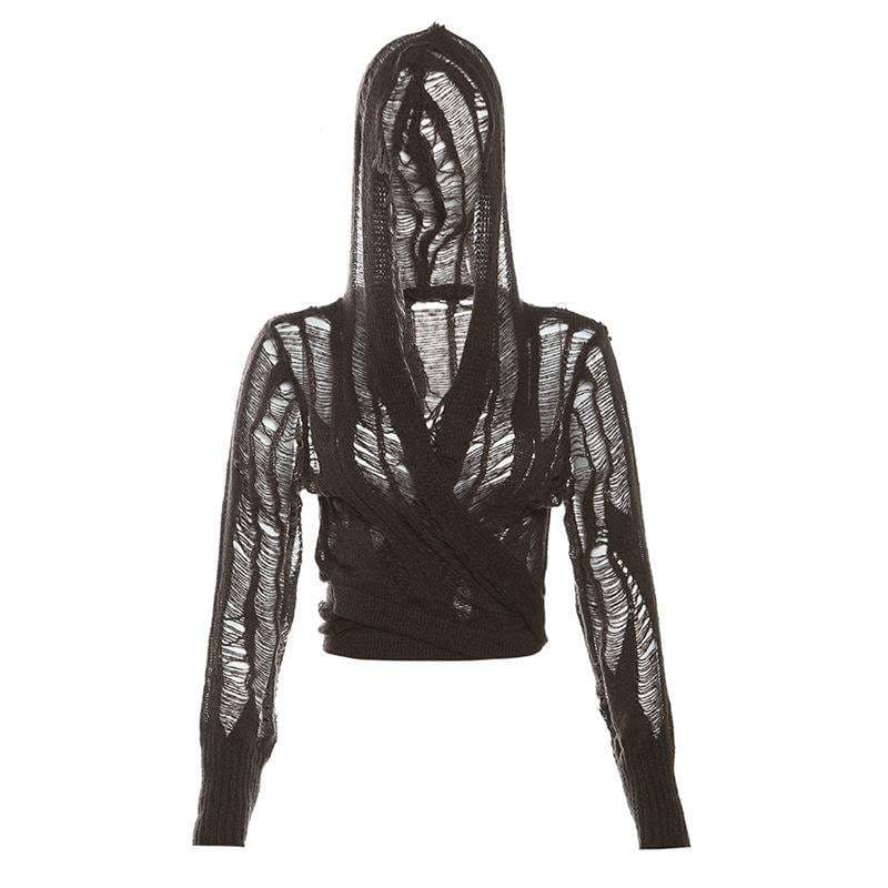 ストリートファッション シースルーニットロングカーディガン