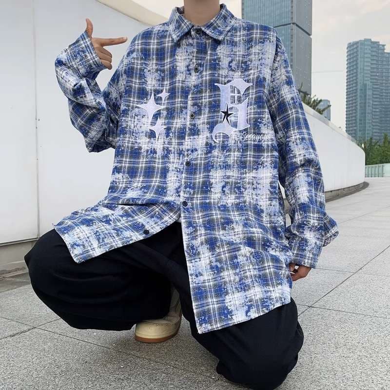 ストリートファッション ビンテージ風デザインオーバーサイズチェックシャツ