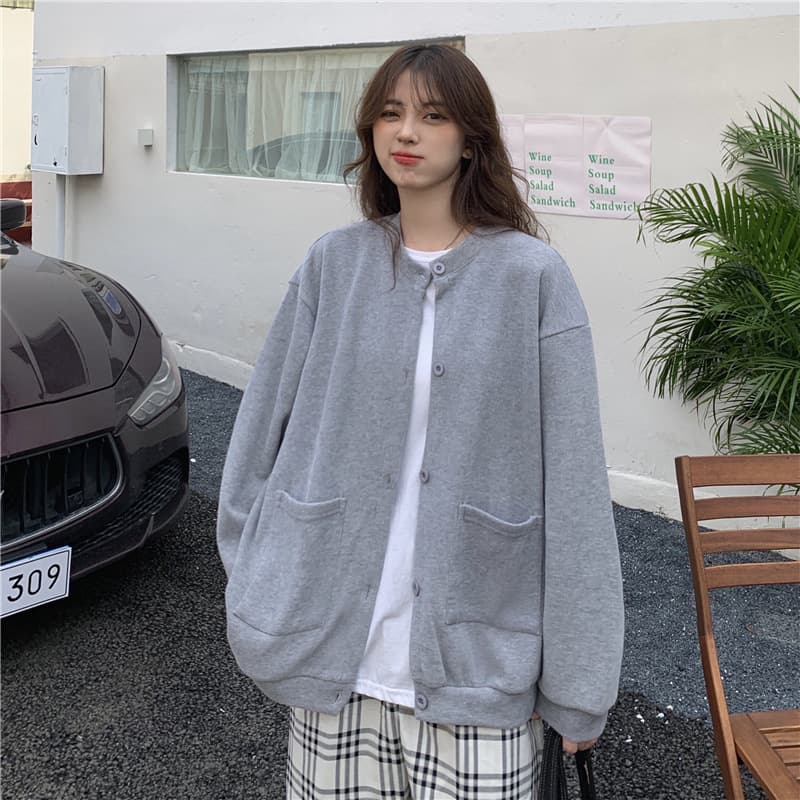ストリートファッション ゆったりオーバーサイズ丸首ボタンカーディガン