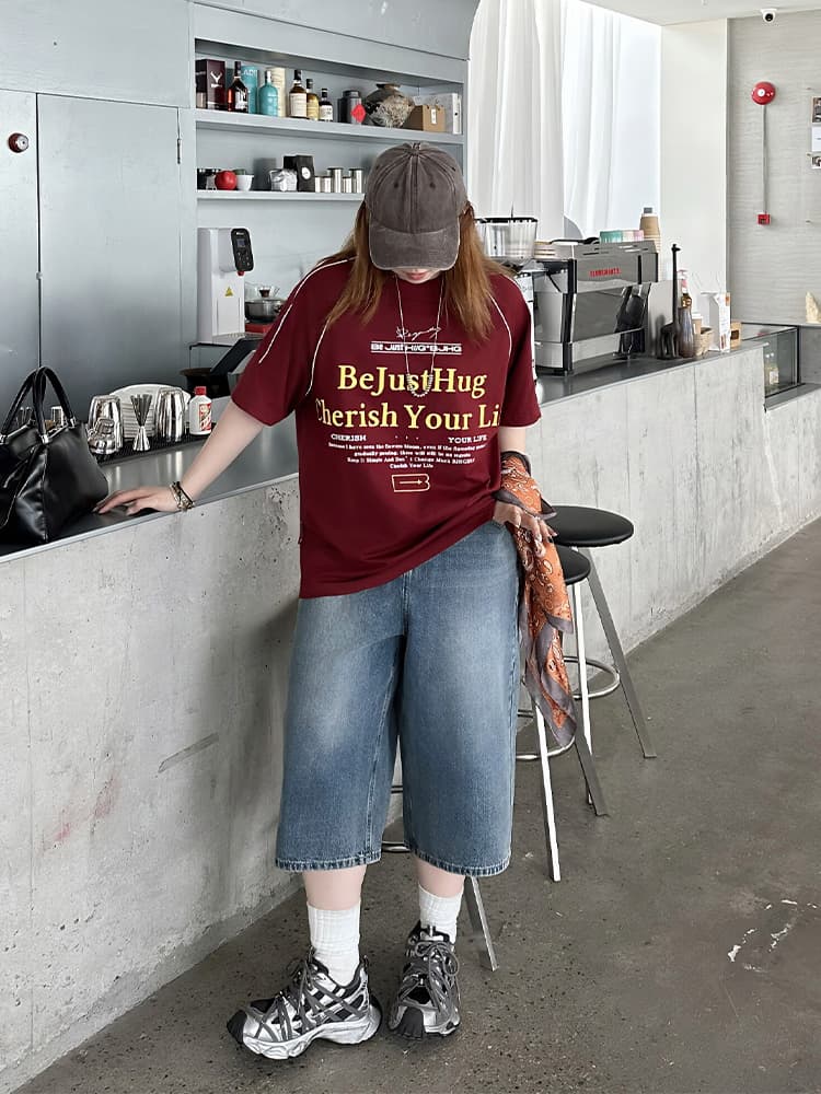 ストリートファッション ゆったりワイドデニムハーフパンツ