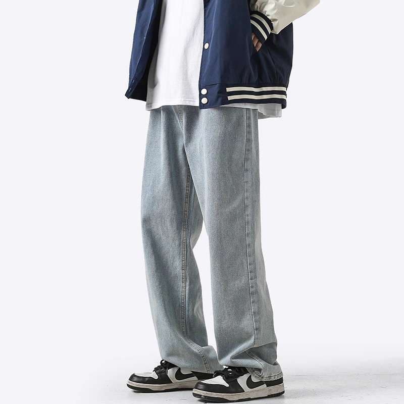 ストリートファッション ゆったりストレートデニムパンツ