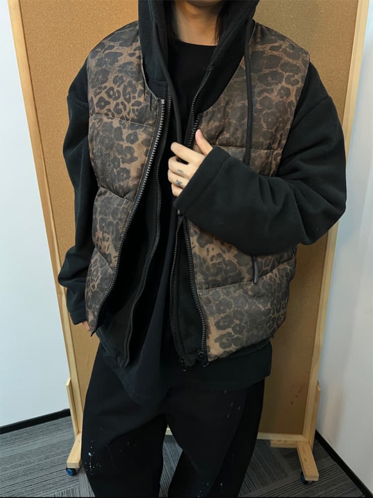 ストリートファッション ストリートファッション 豹柄キルティング中綿ベスト