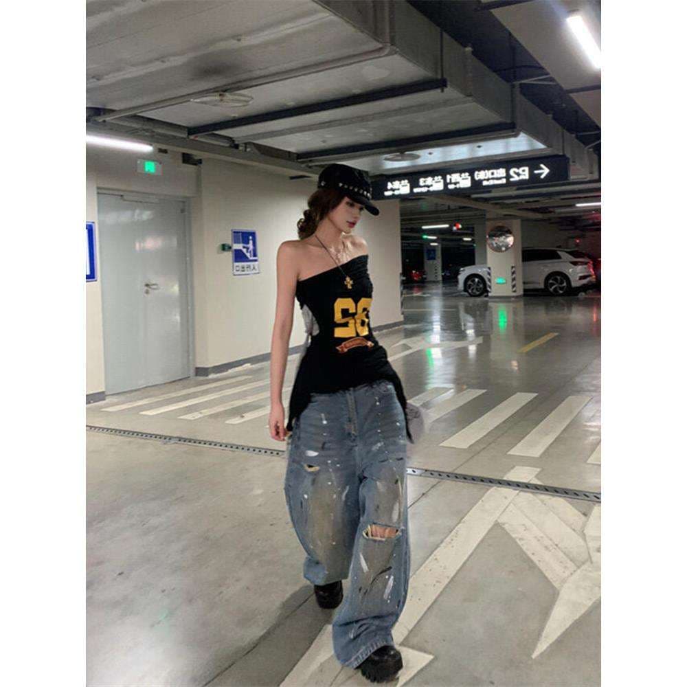 ストリートファッション オフショルダー数字ロゴTシャツ