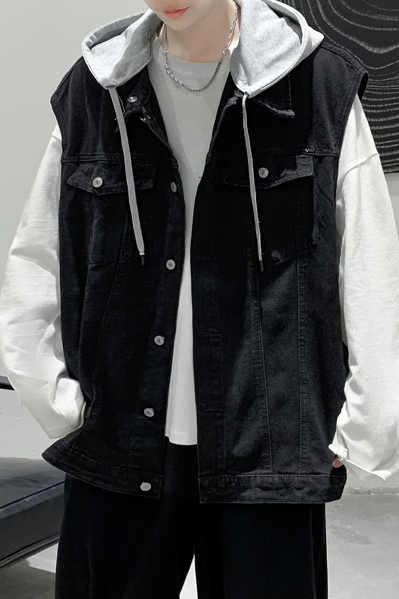 ストリートファッション ストリートファッション 重ね着風フード付きデニムベスト